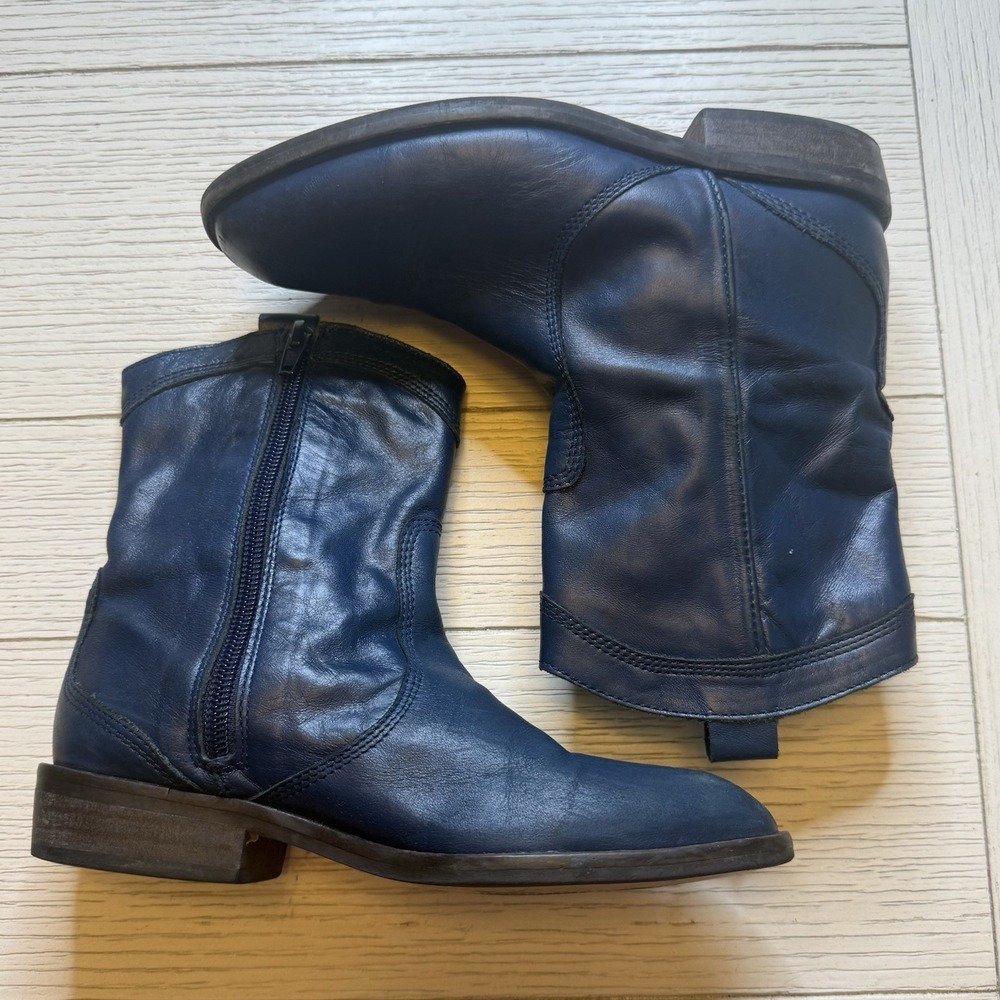 Zara Navy Leather Western Boots W/ Zip Close. Sz 32 EU, Sz 1 US Kids.Roper Style